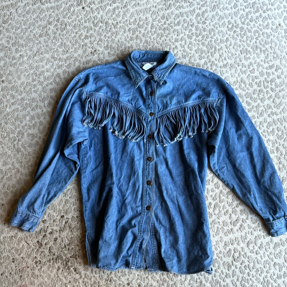 Vintage Blue Denim Fringe Western Shirt